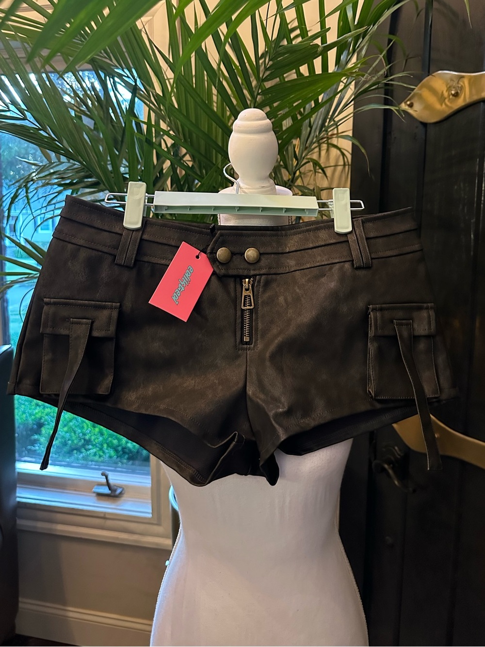 NWT EDIKTED Faux Leather Black washed MICRO SHORTS Low Rise Edgy biker Size Med